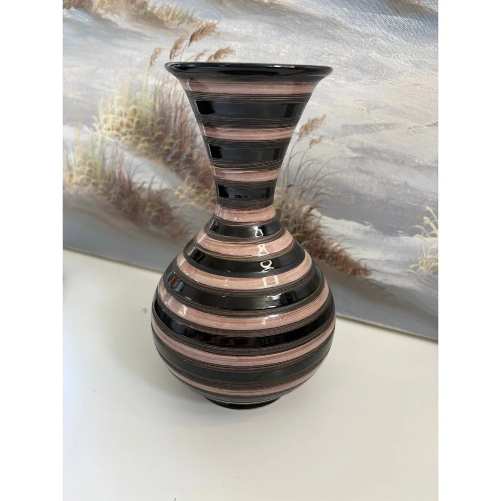 Strehla Keramik West German Pottery Vase 962 Black Pink Striped MCM 8.25